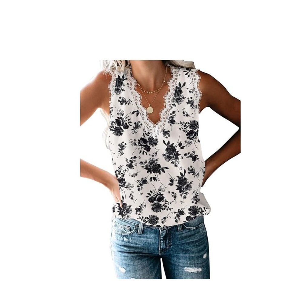 VIISHOW Floral Lace Trim Cami - White & Black Flowers - Size XXL - Soft Boho